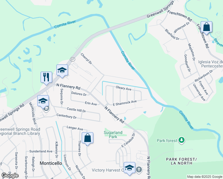 map of restaurants, bars, coffee shops, grocery stores, and more near 5319 Wexford Drive in Baton Rouge
