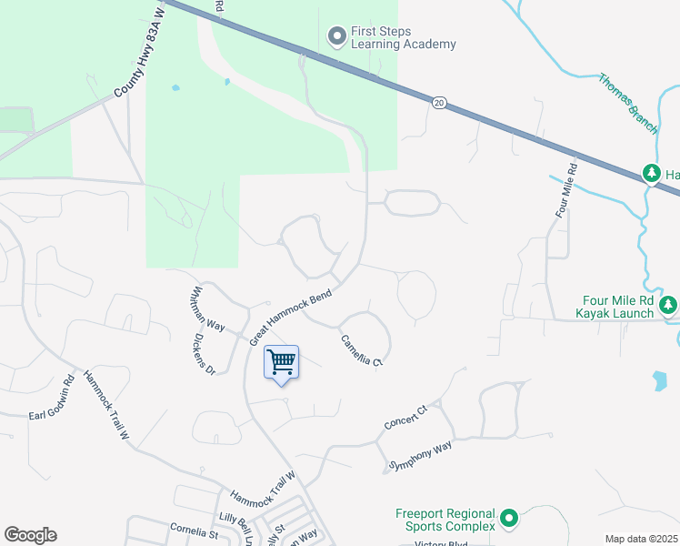map of restaurants, bars, coffee shops, grocery stores, and more near 66 Windchime Way in Freeport