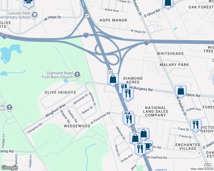 map of restaurants, bars, coffee shops, grocery stores, and more near 673 Diamond Dairy Road in Pensacola
