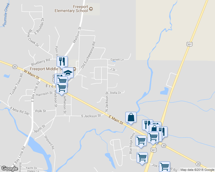 map of restaurants, bars, coffee shops, grocery stores, and more near 300 North Jackson Street in Freeport