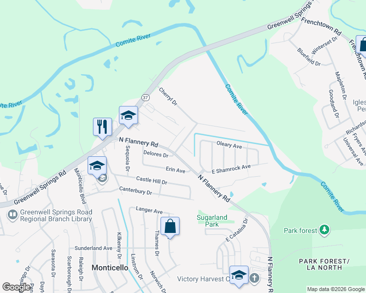 map of restaurants, bars, coffee shops, grocery stores, and more near 12844 Delores Drive in Baton Rouge