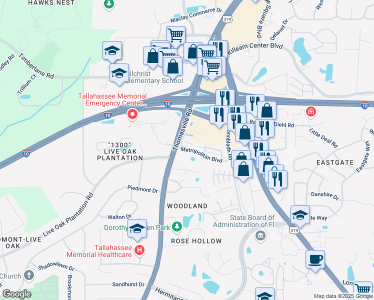 map of restaurants, bars, coffee shops, grocery stores, and more near 1495 Metropolitan Boulevard in Tallahassee