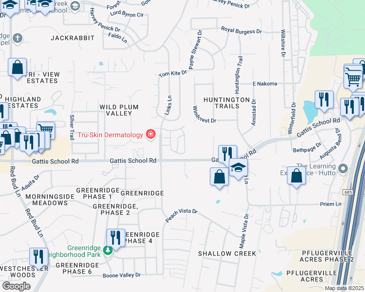 map of restaurants, bars, coffee shops, grocery stores, and more near 20520 Poppy Hills Trail in Round Rock