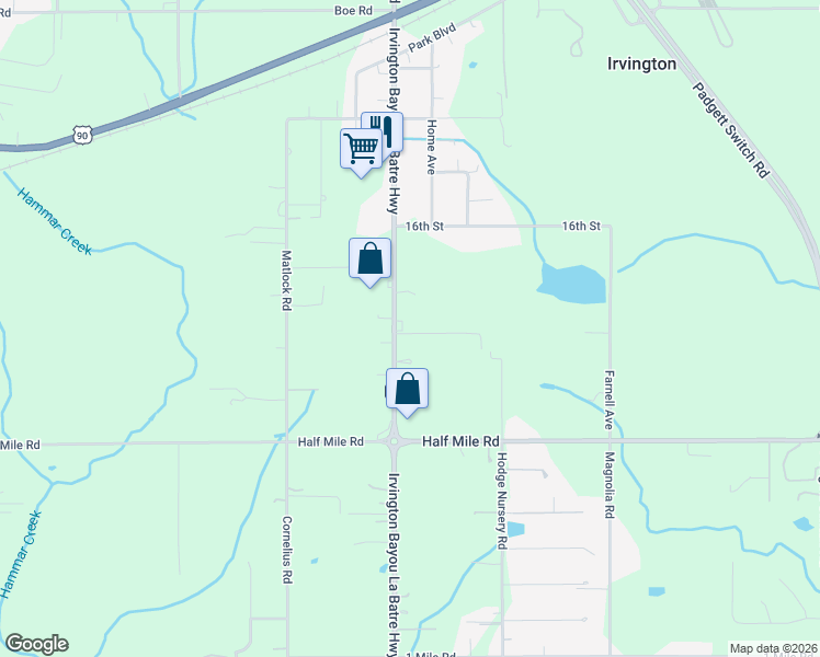 map of restaurants, bars, coffee shops, grocery stores, and more near 9251 Irvington Bayou La Batre Highway in Irvington