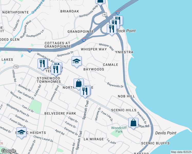 map of restaurants, bars, coffee shops, grocery stores, and more near 4555 Baywoods Court in Pensacola