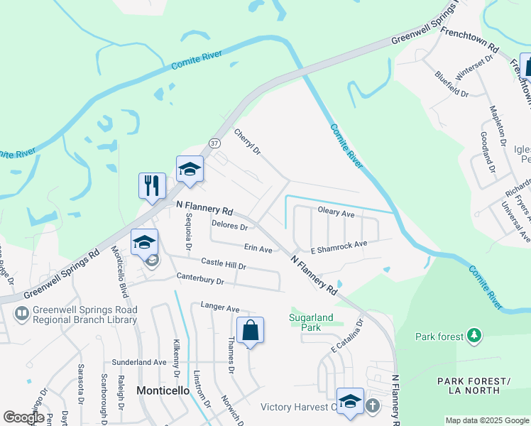 map of restaurants, bars, coffee shops, grocery stores, and more near 12844 Delores Drive in Baton Rouge