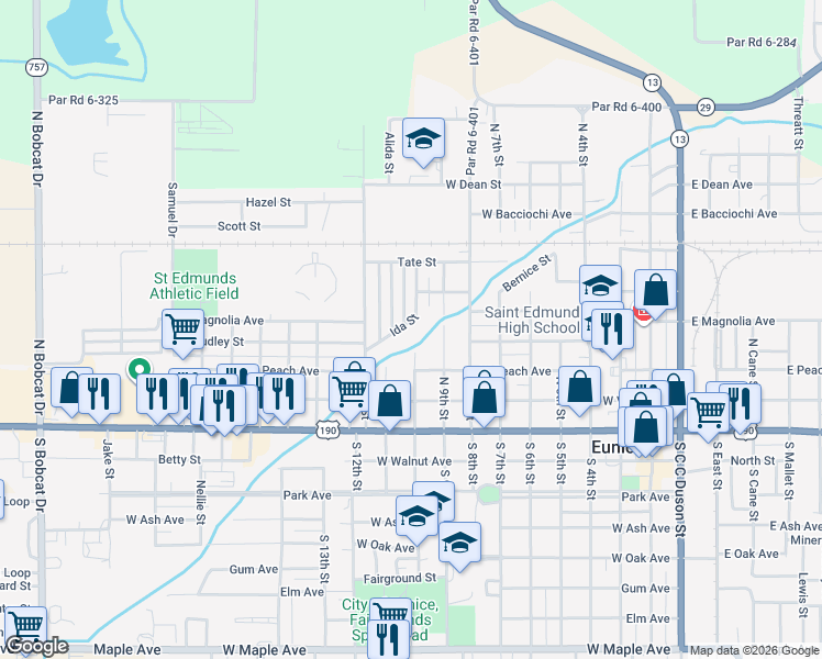 map of restaurants, bars, coffee shops, grocery stores, and more near 440 Ida Street in Eunice