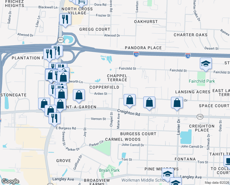 map of restaurants, bars, coffee shops, grocery stores, and more near 7123 Chapel Street in Pensacola