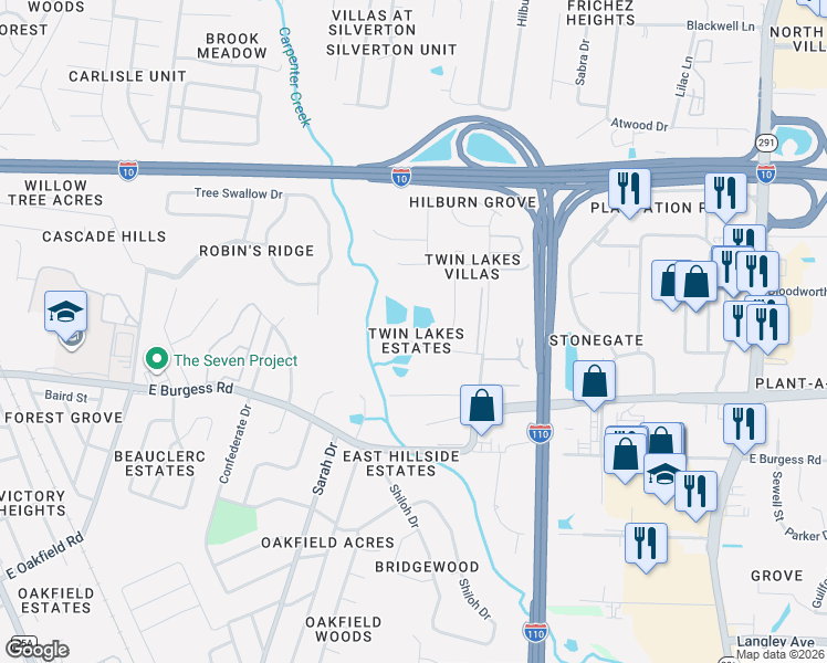map of restaurants, bars, coffee shops, grocery stores, and more near 405 Twin Lakes Drive in Pensacola