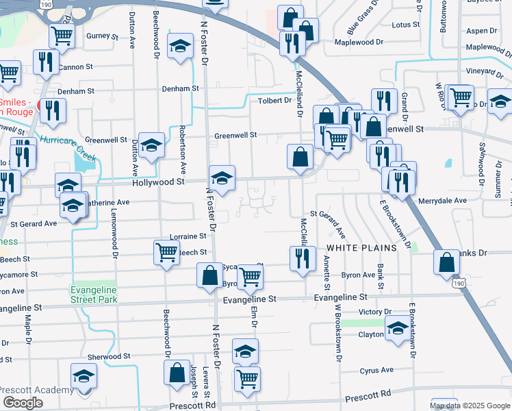 map of restaurants, bars, coffee shops, grocery stores, and more near 5222 Hollywood Street in Baton Rouge