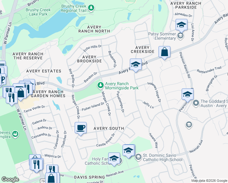 map of restaurants, bars, coffee shops, grocery stores, and more near 9800 Pasatiempo Drive in Austin