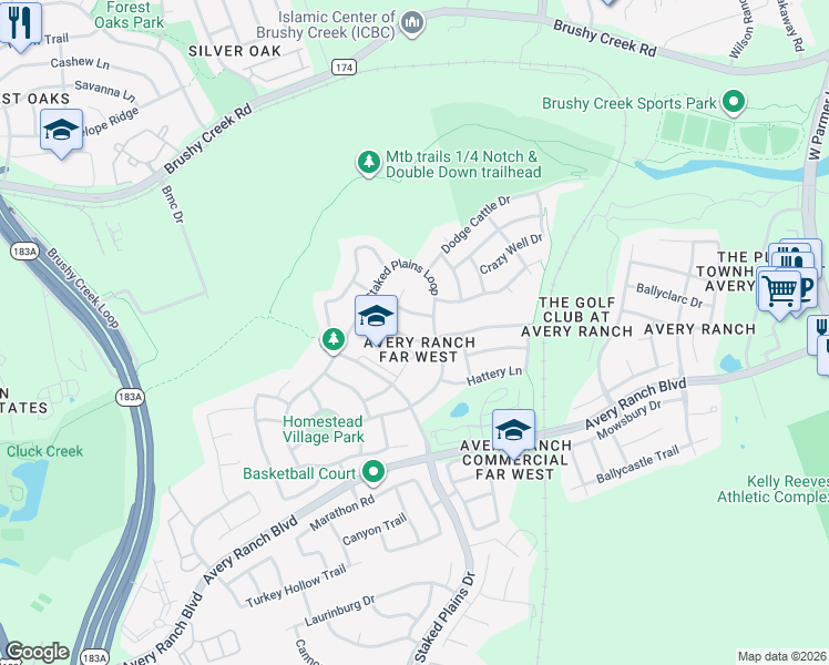 map of restaurants, bars, coffee shops, grocery stores, and more near 11600 Fletcher Hall Lane in Austin