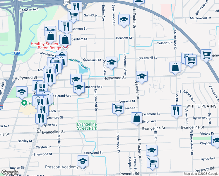map of restaurants, bars, coffee shops, grocery stores, and more near 4536 Saint Katherine Avenue in Baton Rouge