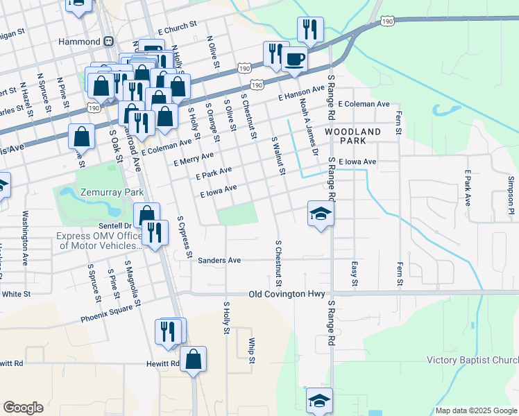 map of restaurants, bars, coffee shops, grocery stores, and more near 809 South Olive Street in Hammond