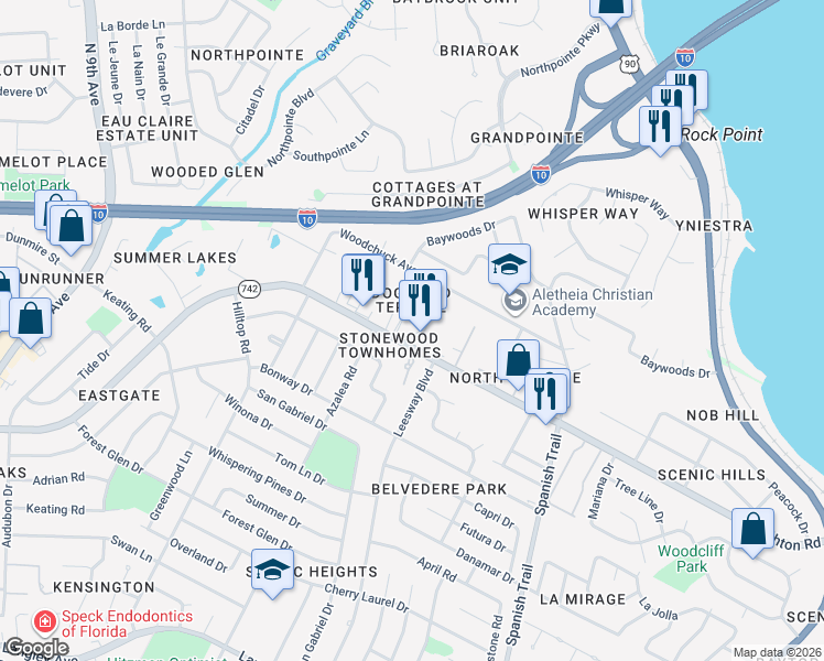 map of restaurants, bars, coffee shops, grocery stores, and more near 3850 Creighton Road in Pensacola