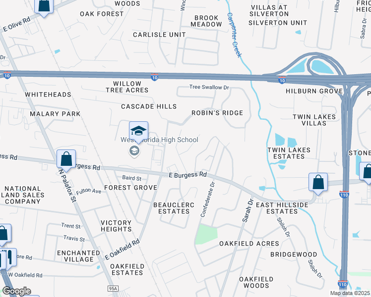 map of restaurants, bars, coffee shops, grocery stores, and more near 108 Redbreast Lane in Pensacola
