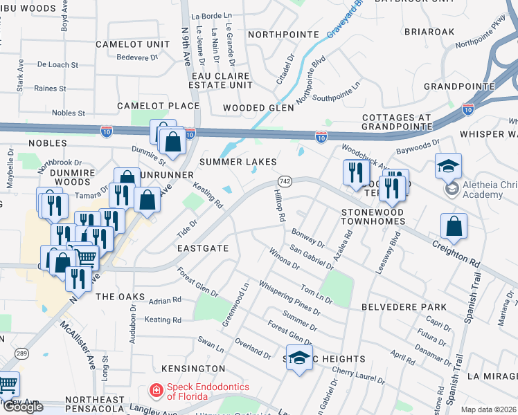 map of restaurants, bars, coffee shops, grocery stores, and more near 3399 Creighton Road in Pensacola