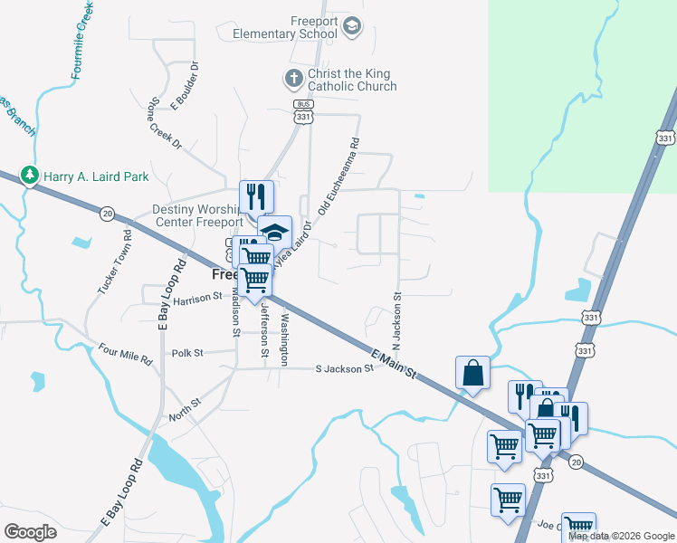 map of restaurants, bars, coffee shops, grocery stores, and more near 115 Live Oak Street in Freeport
