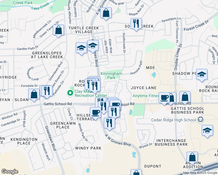 map of restaurants, bars, coffee shops, grocery stores, and more near 1401 A.W. Grimes Boulevard in Round Rock