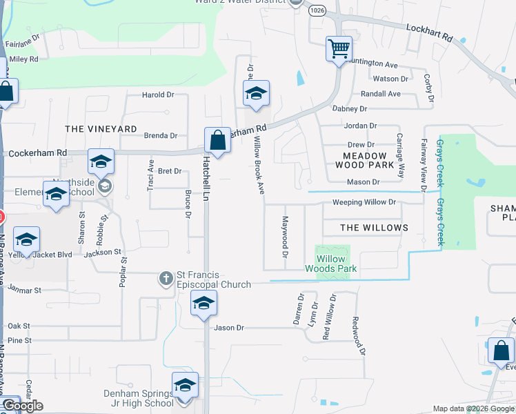 map of restaurants, bars, coffee shops, grocery stores, and more near 1051 Willow Brook Avenue in Denham Springs