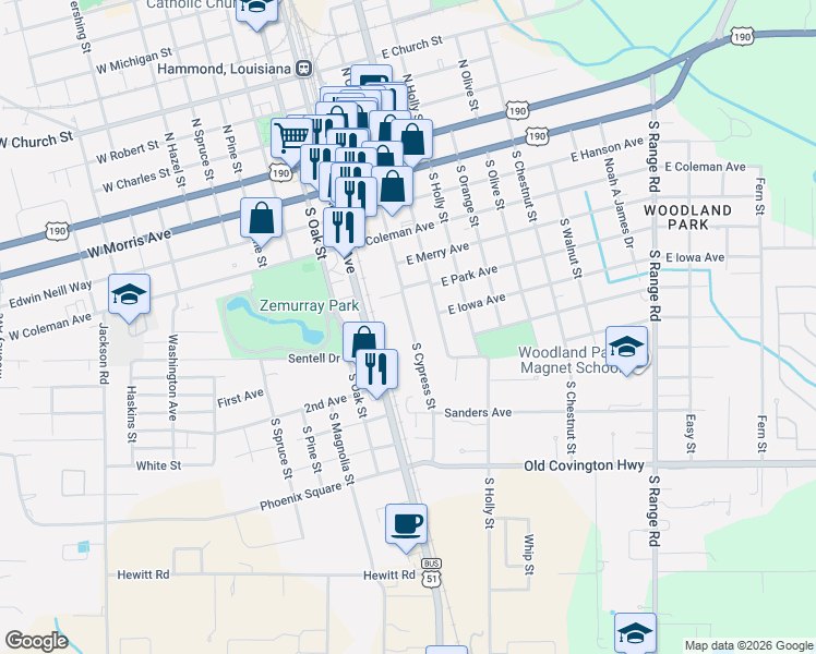 map of restaurants, bars, coffee shops, grocery stores, and more near 820 South Cypress Street in Hammond