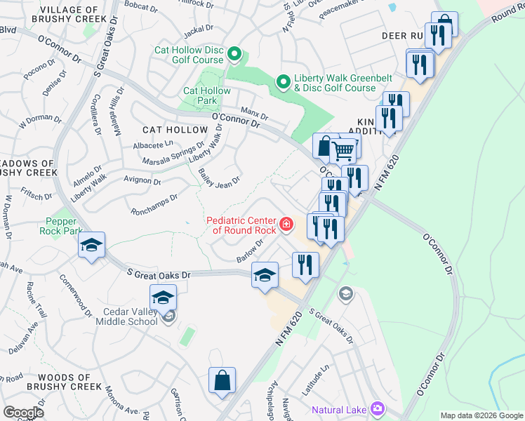 map of restaurants, bars, coffee shops, grocery stores, and more near 4102 Flower Pot Cove in Round Rock