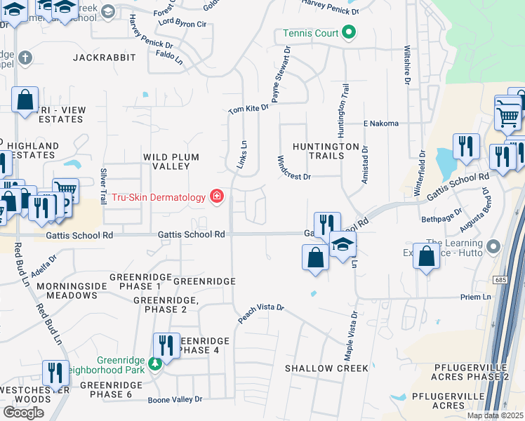 map of restaurants, bars, coffee shops, grocery stores, and more near 20600 Poppy Hills Trail in Round Rock