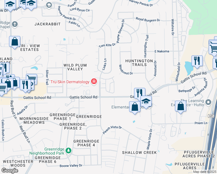 map of restaurants, bars, coffee shops, grocery stores, and more near 412 Pasadera Lane in Round Rock