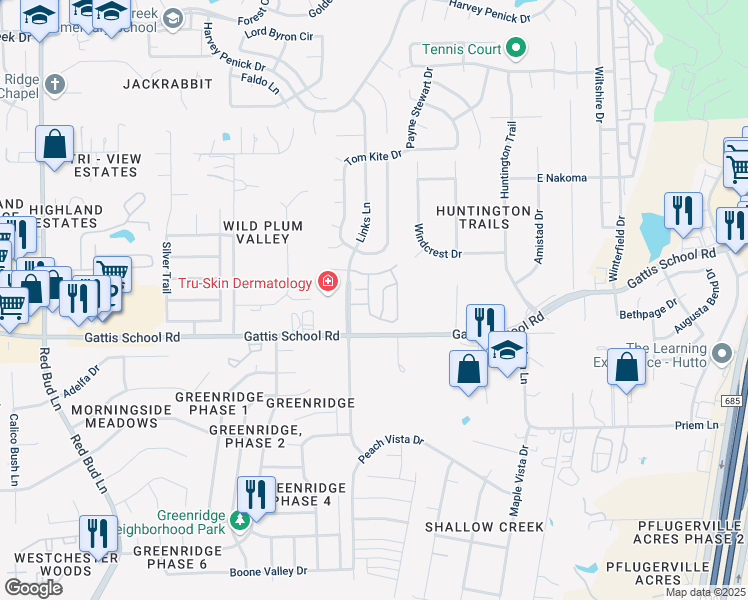 map of restaurants, bars, coffee shops, grocery stores, and more near 20316 Poppy Hills Trail in Round Rock