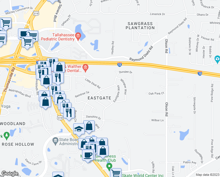 map of restaurants, bars, coffee shops, grocery stores, and more near 2725 Bedford Way in Tallahassee