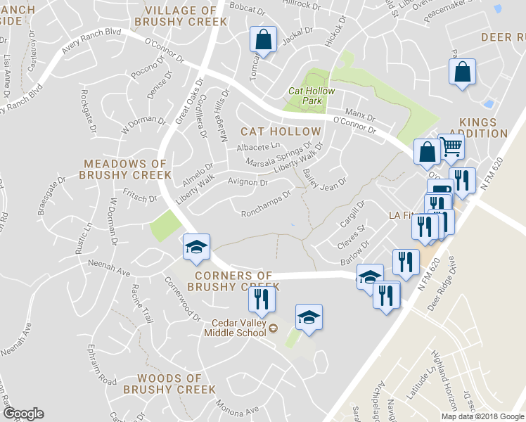 map of restaurants, bars, coffee shops, grocery stores, and more near 6024 Ron Champs Drive in Round Rock