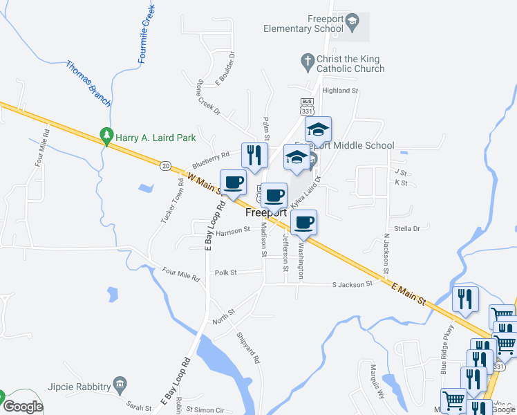 map of restaurants, bars, coffee shops, grocery stores, and more near 16094 U.S. 331 Business in Freeport