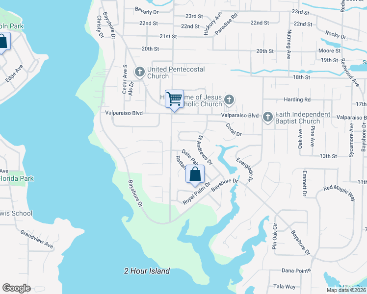 map of restaurants, bars, coffee shops, grocery stores, and more near 1701 Rattan Palm Drive in Niceville