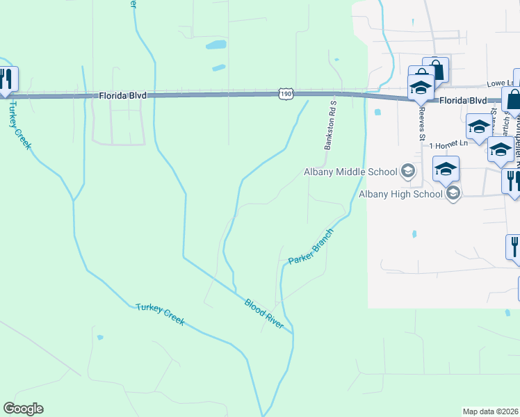 map of restaurants, bars, coffee shops, grocery stores, and more near 29640 Bankston Road South in Albany