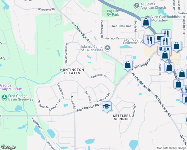 map of restaurants, bars, coffee shops, grocery stores, and more near 3537 Carrington Drive in Tallahassee