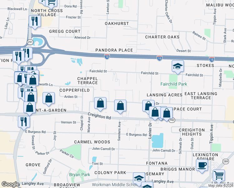 map of restaurants, bars, coffee shops, grocery stores, and more near 1490 Lansing Drive in Pensacola