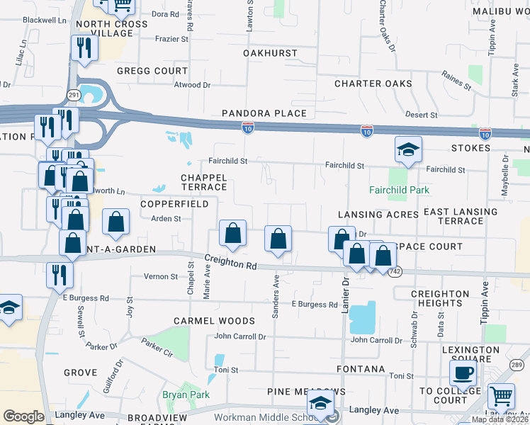 map of restaurants, bars, coffee shops, grocery stores, and more near 1490 Lansing Drive in Pensacola
