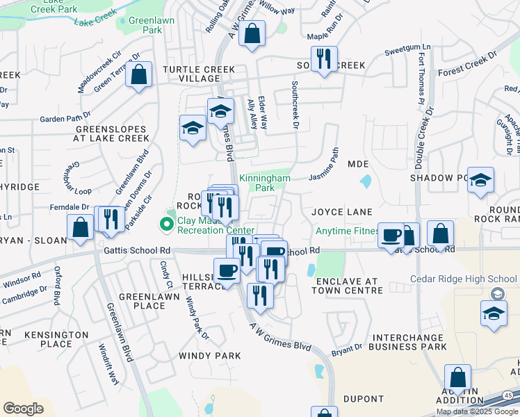 map of restaurants, bars, coffee shops, grocery stores, and more near 1111 Southcreek Drive in Round Rock