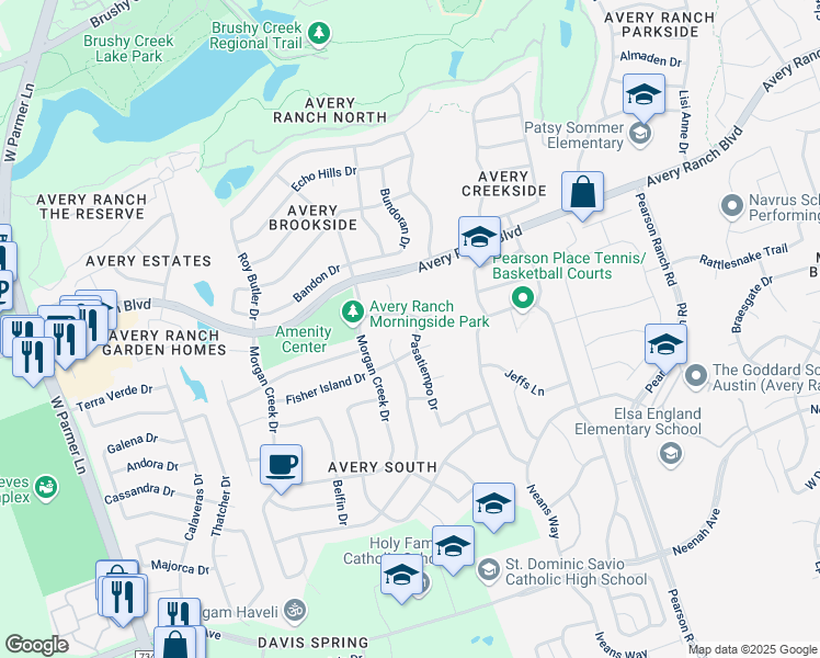 map of restaurants, bars, coffee shops, grocery stores, and more near 9812 Pasatiempo Drive in Austin