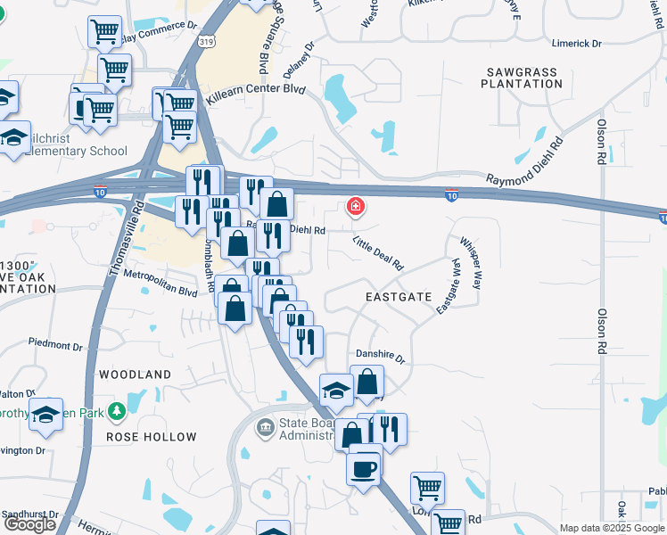 map of restaurants, bars, coffee shops, grocery stores, and more near 2379 Diehl Drive in Tallahassee