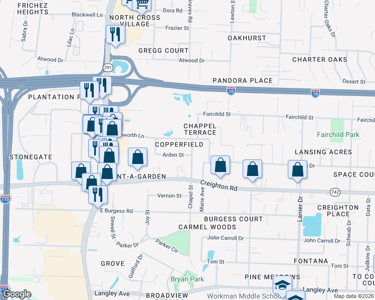 map of restaurants, bars, coffee shops, grocery stores, and more near 7127 Chapel Street in Pensacola