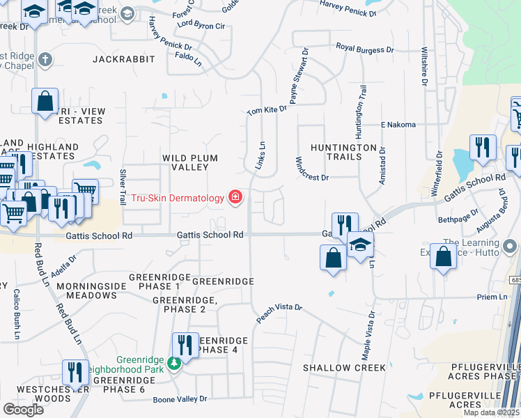 map of restaurants, bars, coffee shops, grocery stores, and more near 308 Monterey Pines Drive in Round Rock