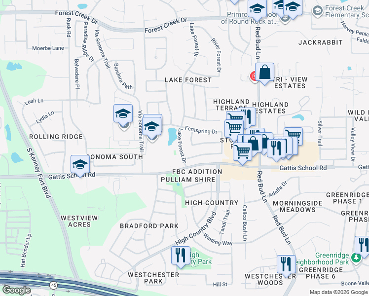 map of restaurants, bars, coffee shops, grocery stores, and more near 2297 Fernspring Drive in Round Rock