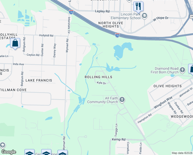 map of restaurants, bars, coffee shops, grocery stores, and more near 1506 Kyle Drive in Pensacola