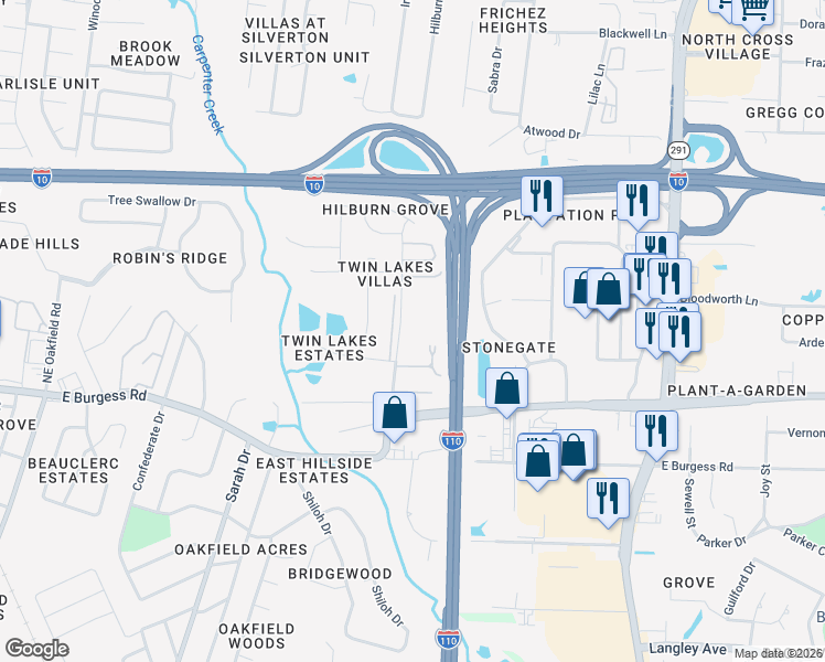 map of restaurants, bars, coffee shops, grocery stores, and more near 6051 Hilburn Road in Pensacola
