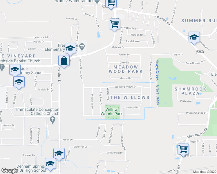 map of restaurants, bars, coffee shops, grocery stores, and more near 1000 Laurel Avenue in Denham Springs