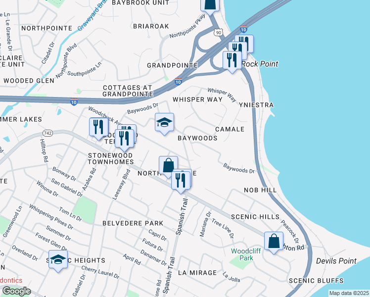 map of restaurants, bars, coffee shops, grocery stores, and more near 7215 Spanish Trail Road in Pensacola