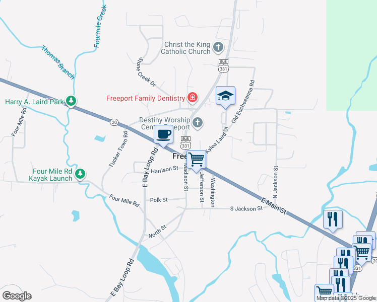 map of restaurants, bars, coffee shops, grocery stores, and more near in Freeport