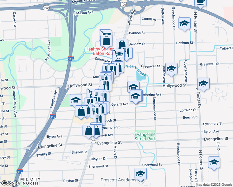 map of restaurants, bars, coffee shops, grocery stores, and more near 3725 Saint Katherine Avenue in Baton Rouge