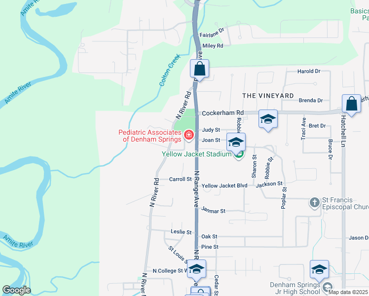 map of restaurants, bars, coffee shops, grocery stores, and more near 106 Secret Gate Lane in Denham Springs